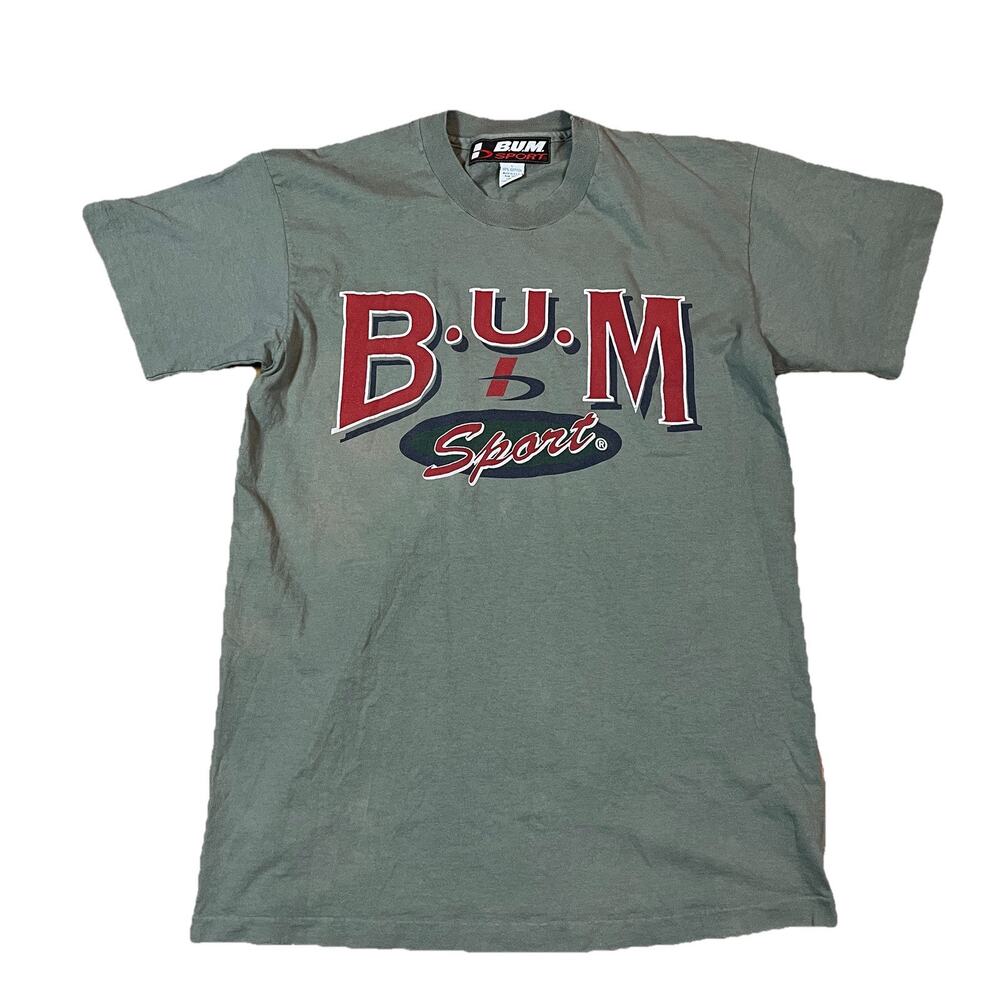 VTG BUM Sport T-Shirt Made in USA Large Gray/Green 90s Streetwear Grunge Faded